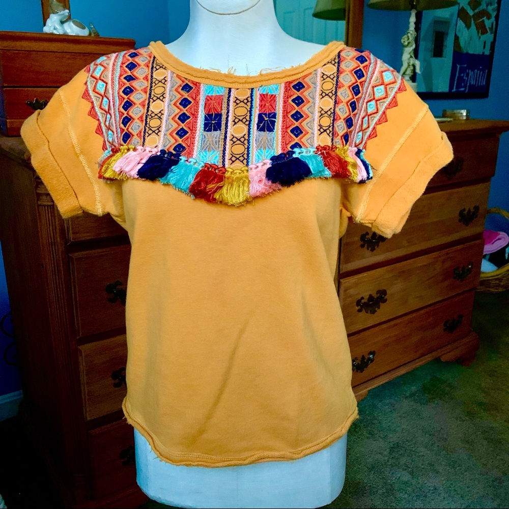 Anthropologie orange embroidered top